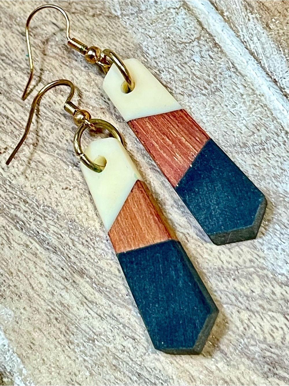 Handcrafted Tri-Color Geometric Drop Earrings - Cream, Rosewood & Teal